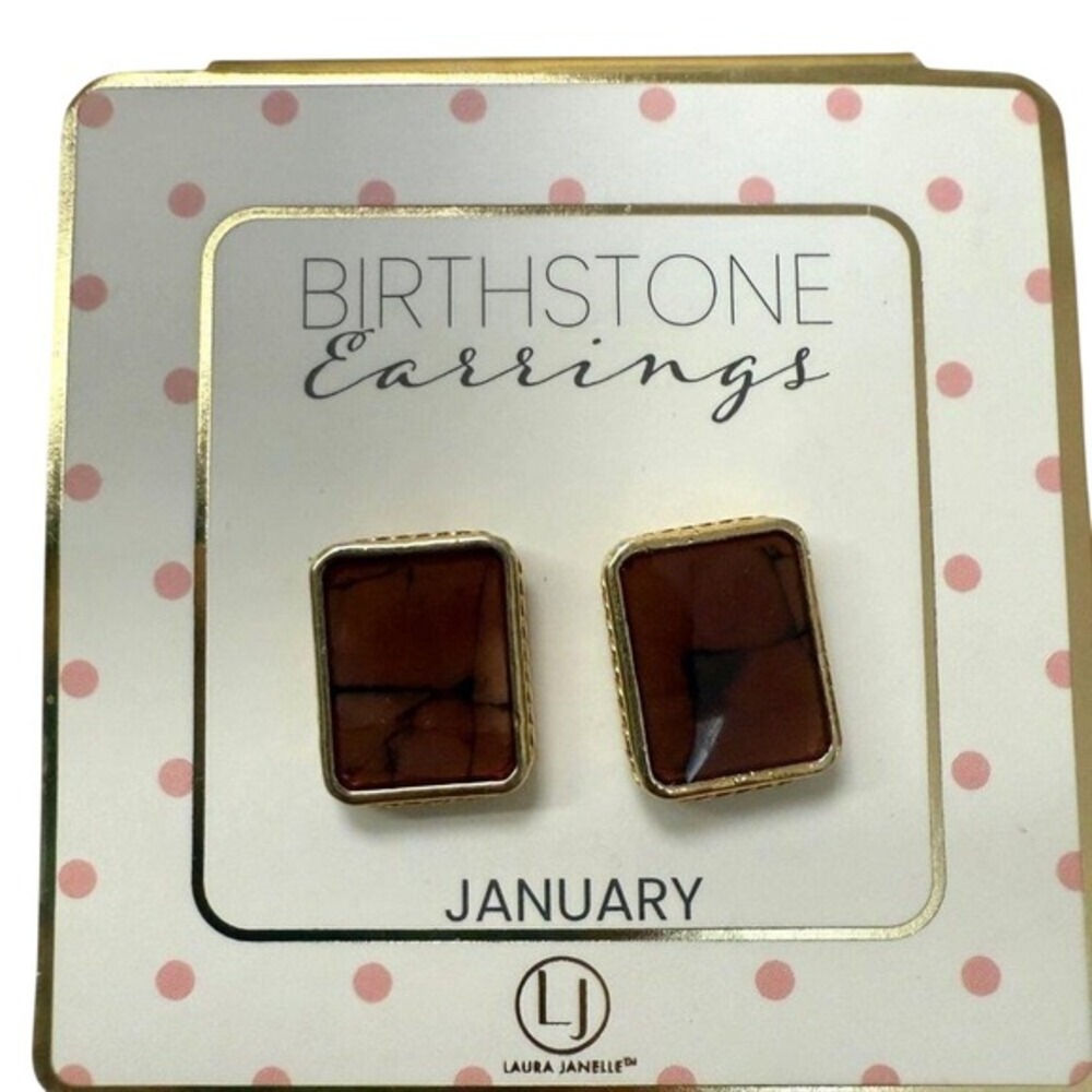 Laura Janelle Gold Tone Brown Faux Stone January Birthstone Stud Earrings Modern